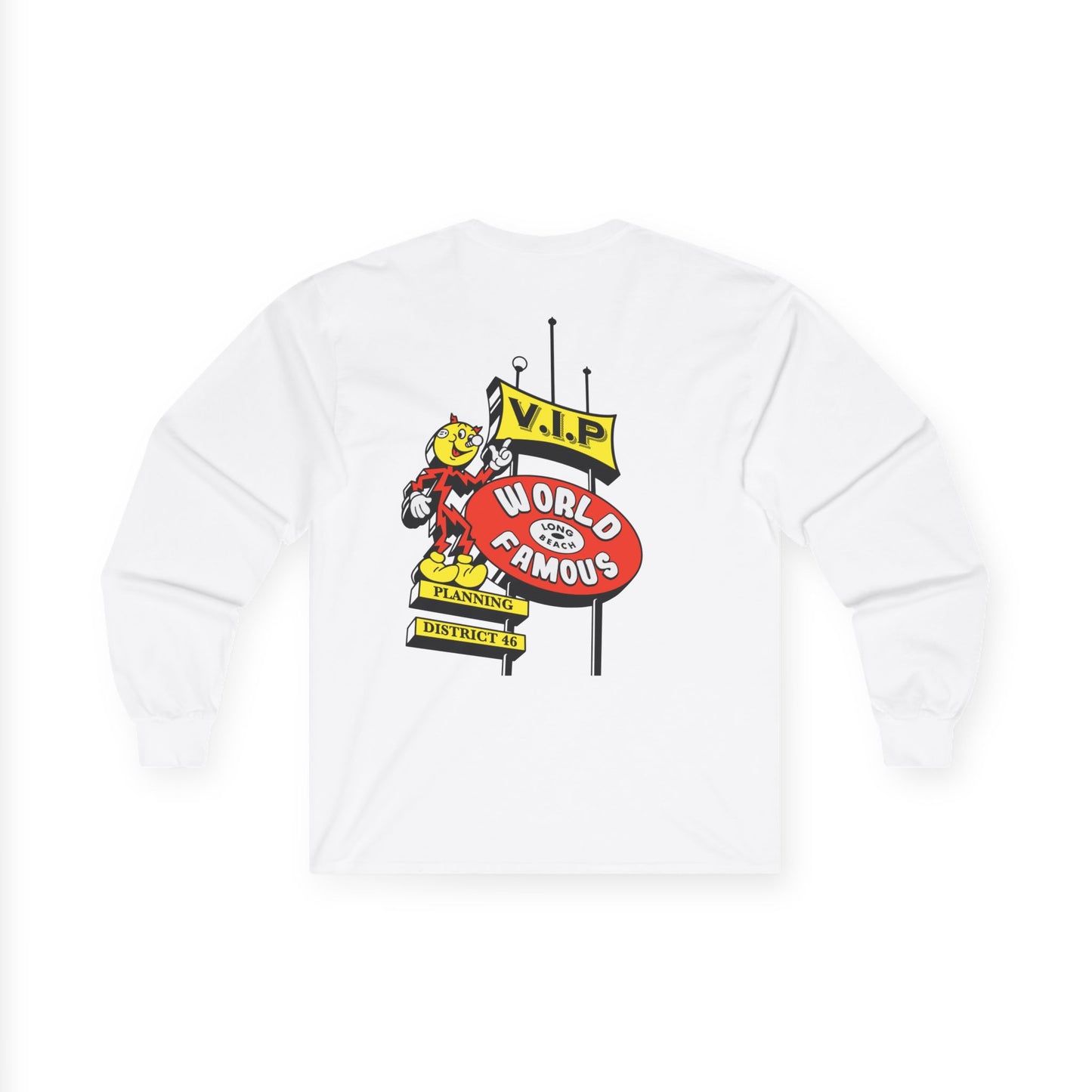 Long Sleeve Tee - 'V.I.P. World Famous' Retro Mascot Pocket Graphic