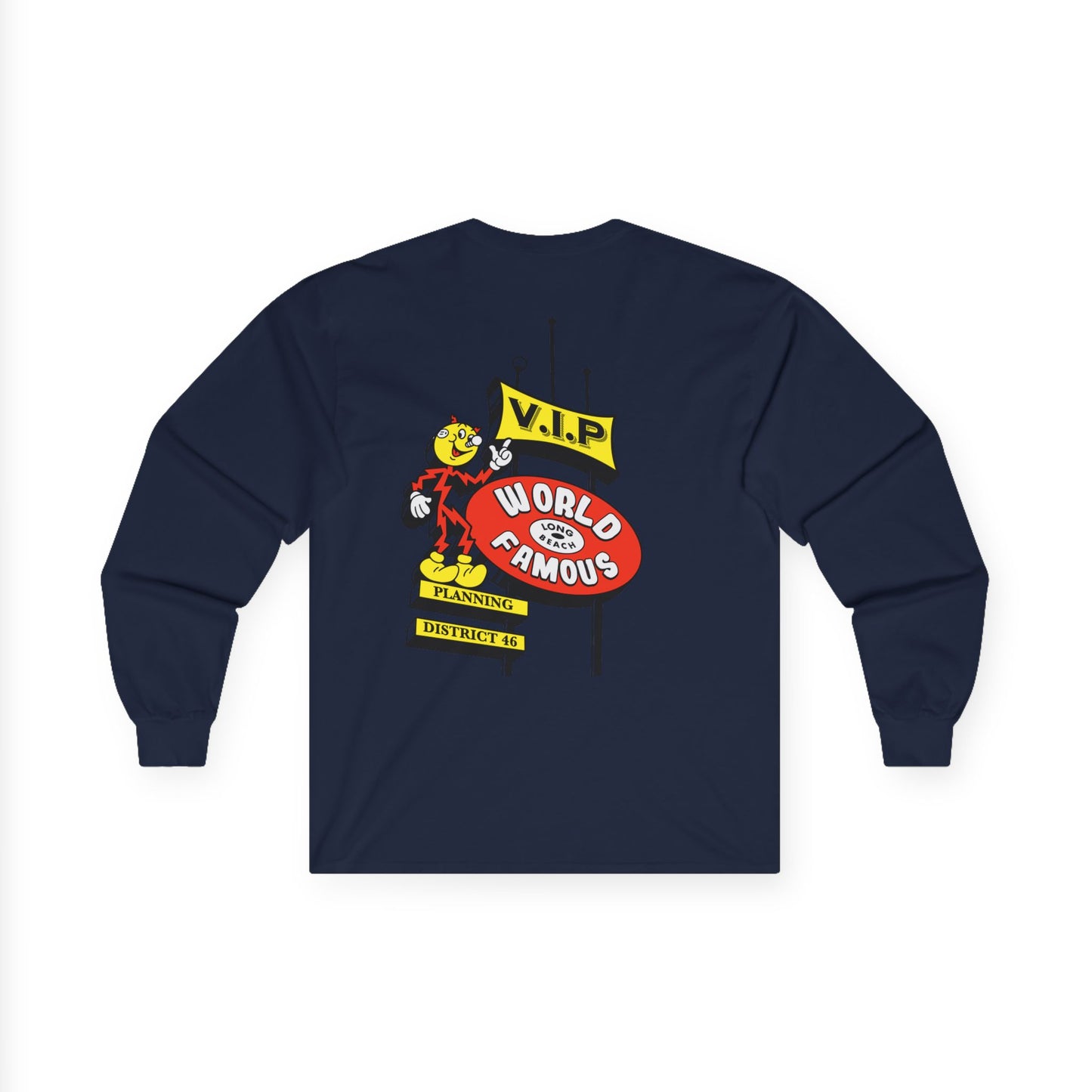 Long Sleeve Tee - 'V.I.P. World Famous' Retro Mascot Pocket Graphic