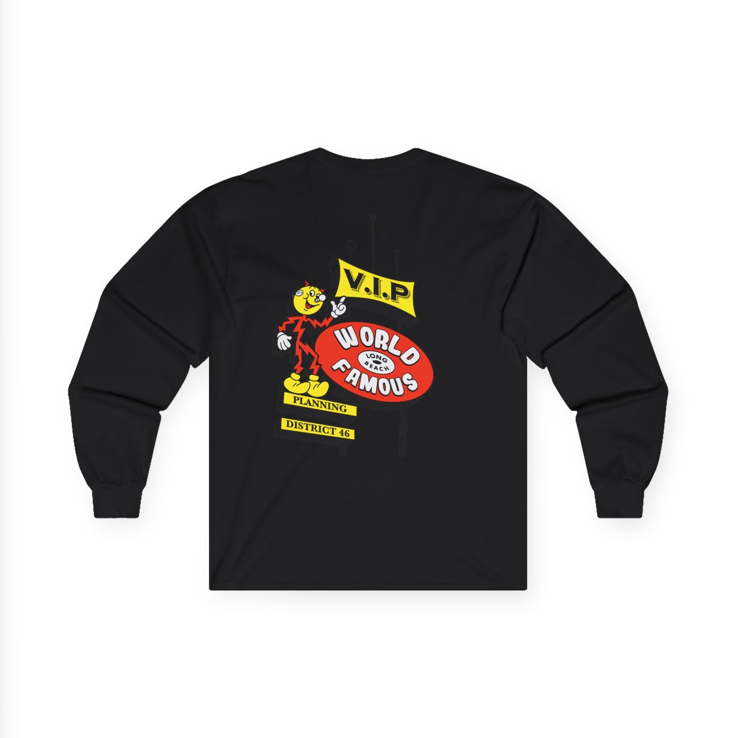 Long Sleeve Tee - 'V.I.P. World Famous' Retro Mascot Pocket Graphic